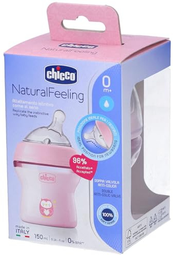 Chicco Natural Feeling Anti-Colic Baby Bottle for 0+ Months, 150 ml, with Soft Silicone Teat and Double Valve, Natural and Instinctive Feel When Vacuuming, Plastic Bottle