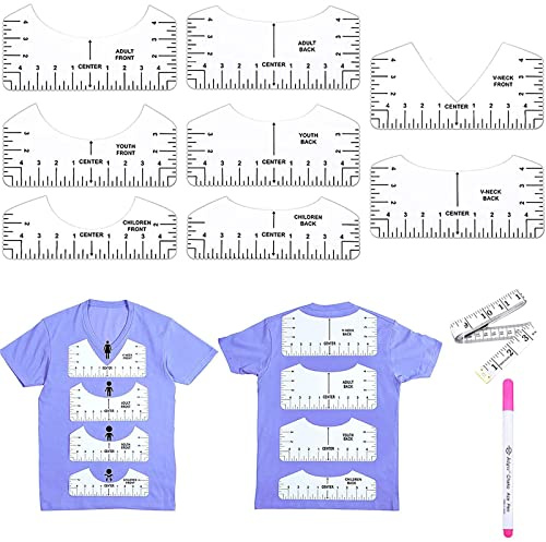 WUDQIJI T-shirt, orienteringslinjal, 8 st, t-shirt, justeringsverktyg, gör-det-själv t-shirts, orienteringslinjal, t-shirt, linjal, guide, t-shirt, instruktioner, linjal med 1 vattenlöslig markirpenna + 1 måttband