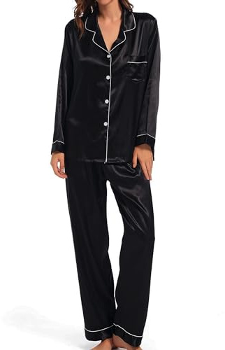 Xuepelit Pijamas de Mujer Satén Invierno Manga Larga Mujer Pijama Seda con Botones 2 Piezas Ropa de Domir Loungewear Elegante Camisa de Dormir Delanteros de Dos Piezas Traje de casa，Negro, M