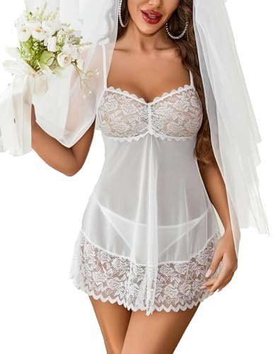 Avidlove Babydoll de Encaje lencería Sexy Mini Chemise Malla camisón de Boda camisón Nupcial