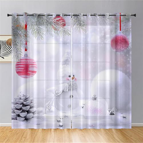 Hiseng Noël Rideaux Voilage à Oeillets, Semi-Transparent en Effet Voile Décoration de Fenêtre Salle de Bain Balcon Chambre Salon Cuisine,Bonhomme de Neige Tulle 2 Panneaux (140x244cm,Neige Blanche)