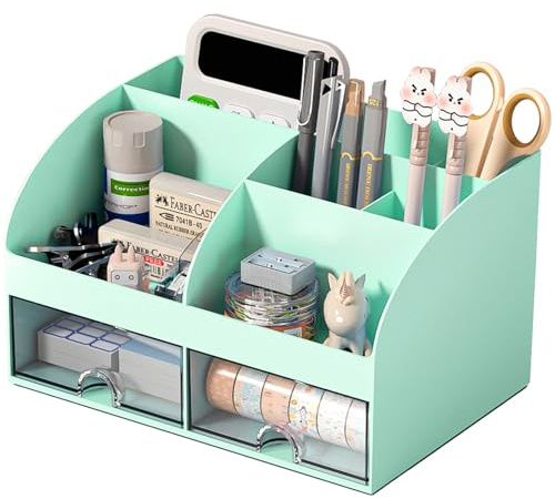 COMFYROOM Organizer da scrivania e accessori con 6 scomparti e 2 cassetti, organizer per trucchi in plastica, portapenne per scrivania, organizzazione da scrivania per scuola, casa, ufficio (verde