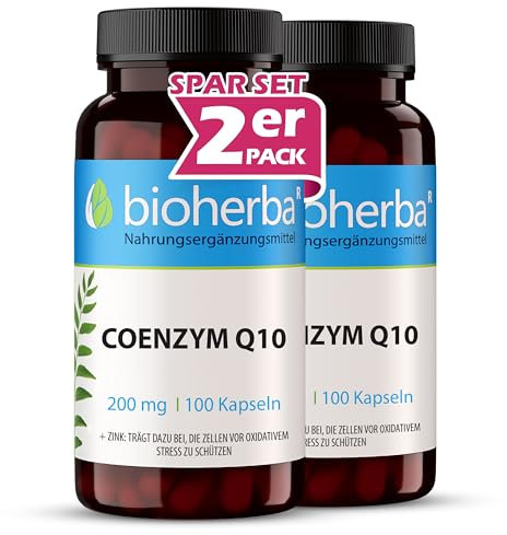 Q10 Kapseln – 200 Stück hochdosiert mit Coenzym Q10 und Zink für den Zellschutz vor oxidativem Stress sowie normalen Säure-Basen- und Kohlenhydrat-Stoffwechsel von BIOHERBA PZN 17190134