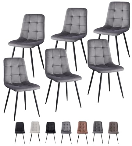 GrandCA HOME Juego de 6 Sillas de Comedor con Asiento Tapizado en Terciopelo Holandés, Sillas de Cocina Modernas con Patas de Metal, Gris-HL