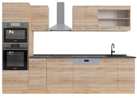 Vicco Küchenzeile R-Line, Sonoma/Goldkraft Eiche, 300 cm mit Hochschrank, AP Anthrazit