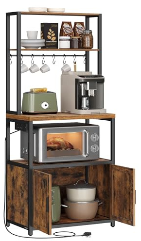 VASAGLE Kitchen Bakers Rack with Power Outlet, Coffee Bar Cabinet with 90 cm High Worktop, Microwave Stand with 8 Hooks, 40 x 60 x 170 cm, Rustic Brown and Ink Black KKS058K01