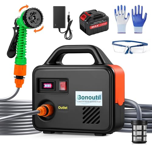 Bonoutil 21V Battery Powered Water Pump 240GPH Cordless Water Transfer Pump Battery Operated with Garden Hose Nozzle 7 Spray Modes for Watering Car Washing Tub Fish Tank Inflatable Pool (Black)