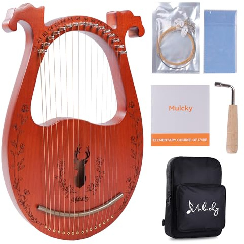 Mulucky Arpa de lira, 16 cuerdas de metal, cuerpo de caoba, sillín de cobre, mini instrumento musical con llave de afinación y bolsa para principiantes