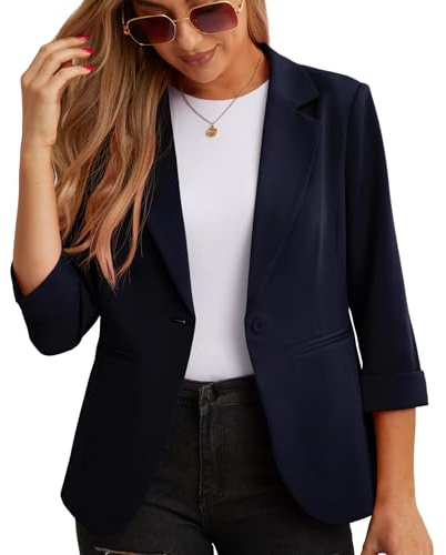 GRECERELLE Womens Blazers Casual 3/4 Sleeves Jackets Suiting & Blazers Notched Lapel Solid Elegant Coat Work Office Formal Top Outerwear with Pockets Buttons for Women UK (A04 Navy, 14)