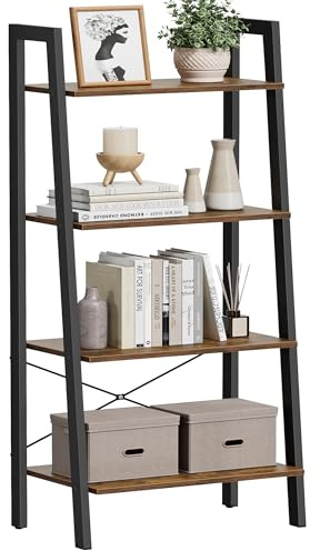 VASAGLE Ladder Shelf, 4-Tier Bookshelf, Storage Rack, Bookcase with Steel Frame, for Living Room, Home Office, Kitchen, Bedroom, Industrial Style, Rustic Brown and Ink Black ULLS44X