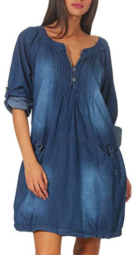 malito – Langarm Jeanskleid Damen mit Taschen – Unisize Maxikleid für Sommer, Herbst & Winter – schickes Blusenkleid 6255 (Blau | Größe 36-42)