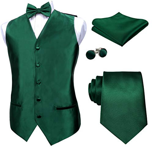 Alizeal Mens Classic 5 Pcs Solid Color Satin Suit Vest Set, Dark Green-S