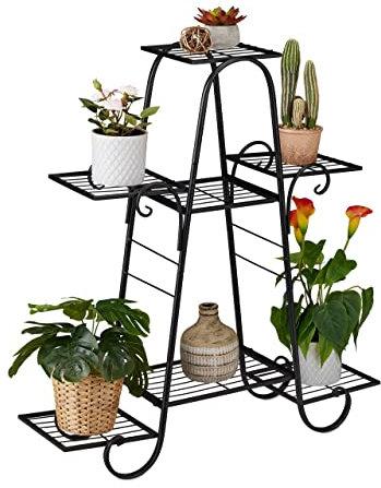 Relaxdays Scaffale Portafiori in Metallo, Fioriera Interno e Esterno, 7 Mensole Porta Piante, HLP: 83 x 75 x 24 cm, Nero, Ferro, 1 pz