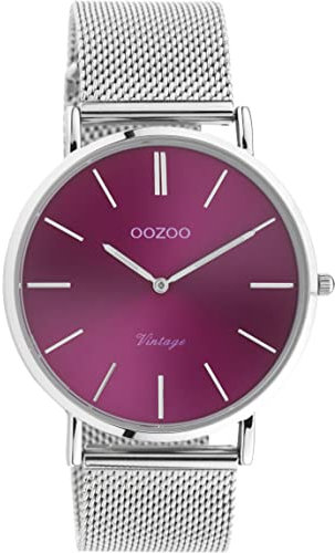 Oozoo Vintage Armbanduhr mit Edelstahl Milanaiseband 40 MM Fuchsia/Silberfarben C10870