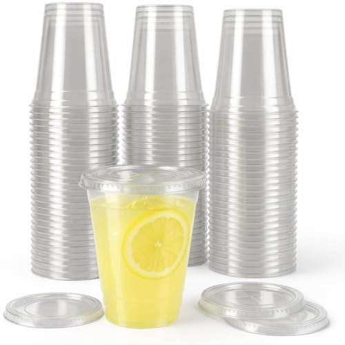 Sabco - 50pcs Plastic Cups with Lids - Clear Cup & Lid Ideal for Milkshake Frappe Juice Smoothie Cup Boba Cup Reusable Tea Coffee Drink Slush - Perfect for Takeaway & Restaurants. (10oz)