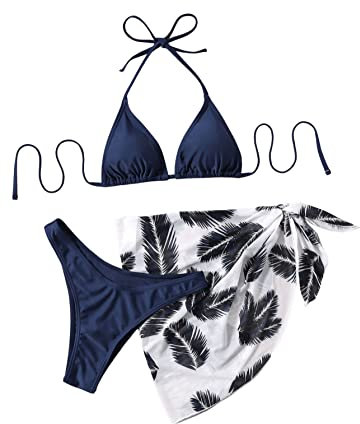 GORGLITTER Bikini Mit Rock Damen Set 3 Teilig Triangel Bikini Set Neckholder Badeanzug Bikini Mit Palme Marineblau S