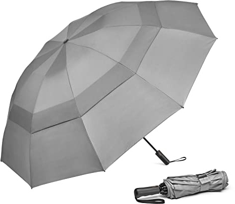G4Free Paraguas de golf grande de 62 pulgadas, paraguas de viaje compacto inverso, 10 varillas, resistente al viento, para lluvia, doble toldo, cierre automático de apertura (gris)
