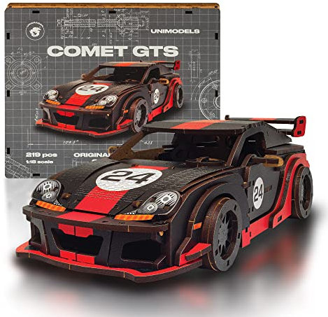 UNIDRAGON Original 3D Holzpuzzle - 219 Teile, UniModels Comet GTS Schwarz-Rot, 26.8 x 13.3 x 7.8 cm, Geschenke für Männer, Jungen, Modellbausatz Erwachsene