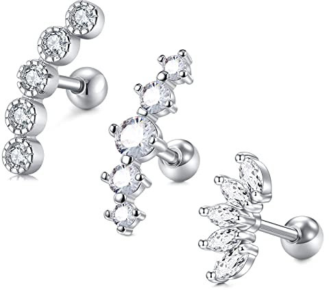LAURITAMI 3stk Knorpel Ohrpiercing Chirurgenstahl 1.2mm 6mm Helix Tragus Ohrring Piercing Stecker Ohr Kristall Diamant