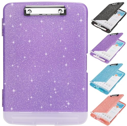 Glitter Clipboard with Storage,Storage Clipboard with Pen Holder,A4 Binder Clip Boards 8.5x11 with Low Profile Clip,Side Opening Sparkle Clipboards, Clipboards Folder for Office Supplies-Pale Purple
