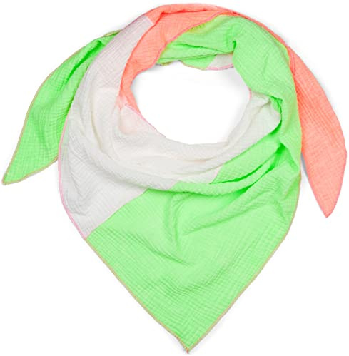 styleBREAKER Écharpe triangle en mousseline pour femmes, 3 couleurs pastel, en coton léger pour printemps et été, fabriquée en Italie, Vert néon-orange-blanc