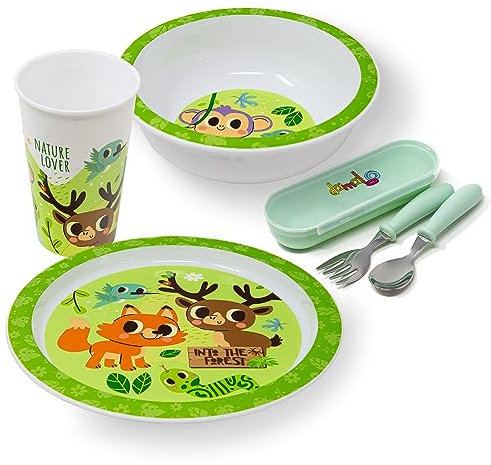 damaloo Waldtiere Kinder Geschirrset Jungen & Mädchen - Teller, Schüssel, Becher und Kinderbesteck - Tiermotiv Kindergeschirr als Frühstücksset Geschirr - Essgeschirr Wiederverwendbar & BPA frei