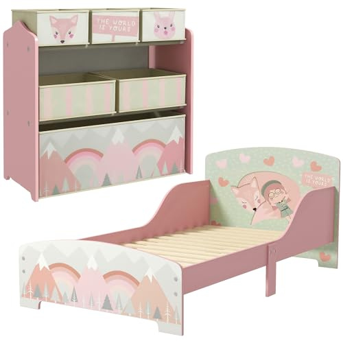 ZONEKIZ Toddler Bed Frame, Kids Storage Shelf Unit with 6 Fabric Bins, Cute Animal Design Kids Bedroom Furniture Set for Ages 3-6 Years, Pink