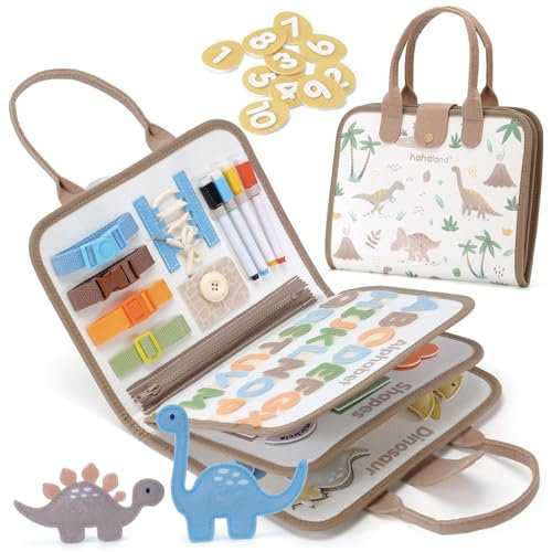 hahaland Busy Board - Dinosaurier Thema mit Zeichnungen,Activity Board Montessori Spielzeug, Motorik & Sensorik Lernspielzeug Quiet Book, Busy Book für Reise Autofahrt Flugzeug,Jungen Mädchen Geschenk