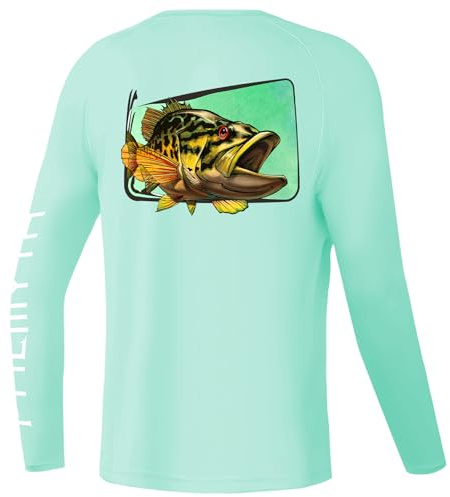 Palmyth Boys Fishing Shirt Youth Long Sleeve T-Shirt UPF 50+ Sun Protection (Seafoam/Smallmouth Bass, S)