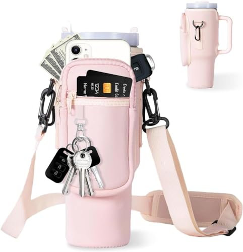 Sac de transport de bouteille d'eau pour Stanley 40oz Tumbler, pochette de bouteille avec pochette de téléphone, filles garçons adultes accessoires de coupe pour la randonnée et le voyage (Rose)