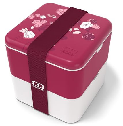 monbento - Pranzo box MB Square graphic Magnolia - Grande Bento Box ermetico a 2 scomparti - Ideale per lavoro/picnic - Senza BPA e durevole - Made in France - Motivo fiori, rosa e bianco