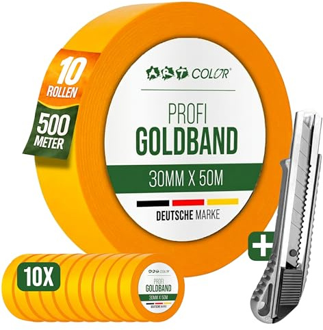 ART COLOR Lot de 10 rubans dorés professionnels 30 mm x 50 m avec cutter – Ruban adhésif de peintre pour bords de couleur précis – Ruban de masquage résistant aux UV – Couteau à moquette en aluminium