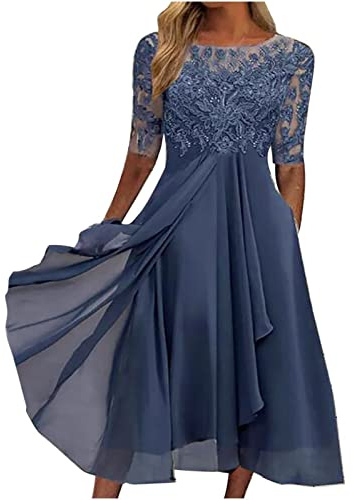 Nidddiv Mother of The Bride Dresses in Women's Tea Length Embroidery Lace Chiffon Dress Mock Dress (Blue, M)