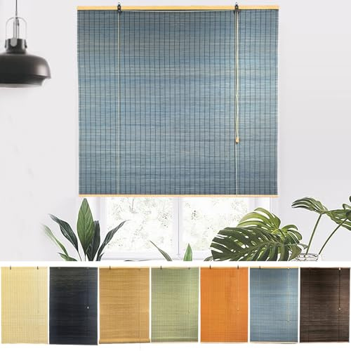 NIANXINN Indoor Bamboo Roller Blinds,Retro Roman Blinds,Natural Wooden Window Decorative Curtain,95% Blackout Roller Blinds,Sunscreen Privacy,Custom,Width x Height (90cm x 100cm,Blue)