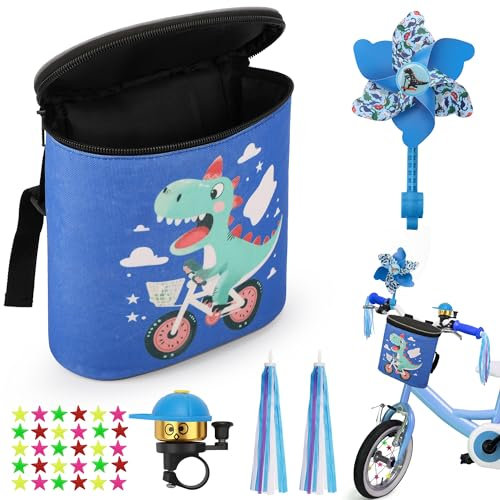 COZCLAM Cesta de Bicicleta para Niños, Bolsa para Manillar con Timbre, Rueda de Viento, Serpentinas, Azul