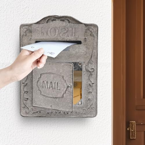 TONFEION Buzón vintage de pared, estilo antiguo, inglés, decoración de hierro, para decoración de casa y exterior, color gris