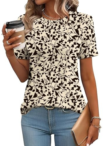 EFFAN Womens Summer Longline Pleated Floral Tops Short Sleeve Casual T-Shirts Ladies Vacation Dressy Loose Fit Blouses,Apricot Floral, L