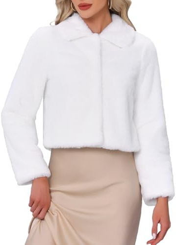 Allegra K Manteau Court Femme en Fausse Fourrure Cardigan Chaude et Moelleuse Blouson Court À Bouton-Pression Vestes Duveteuses pour Mariage Blanc L