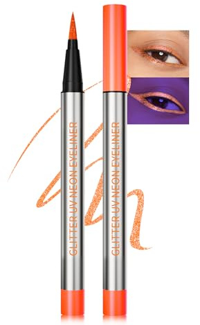 Glitter Flüssiger Eyeliner Wasserfest, UV Neon Liquid Eyeliner Hält,Metallic Glitzer Bunt Langanhaltend, Einfache Anwendung und Hochpigmentierter, Trocknend Kreiert Definierte Linien,Vegan-04 Orange