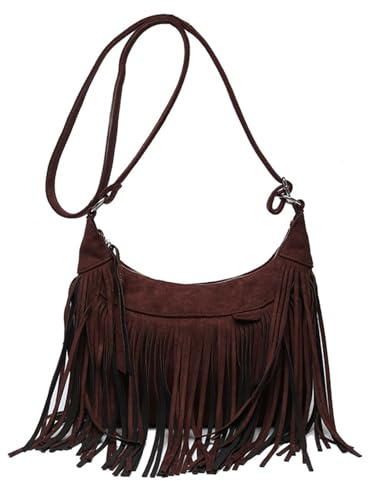 CORIOS Borsa a Spalla a Tracolla con Frange da Donna Borsa Messenger in Pelle Scamosciata Hippie Occidentale Borsa a Mano Ascellare Retro Elegante Tote per Lavoro Shopping Viaggio Marrone Scuro