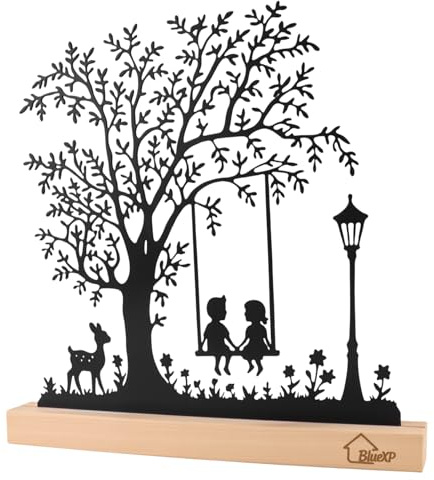 BlueXP Figura Decorativa Árbol con Niños en Columpio Escultura de Metal Negro sobre Base de Madera de Abedul Hecha a Mano Decoración de Mesa Moderna para Salón Alféizar de Ventana Habitación Infantil