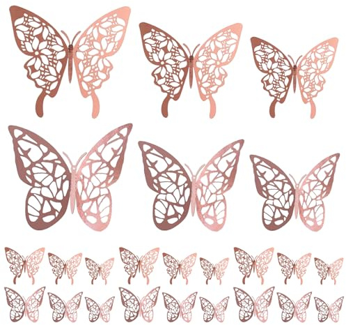 Whispern Cloud 24 Pcs 3D Butterfly Wall Stickers Rose Gold | 2 Styles 3 Sizes Removable Reusable 3D Butterfly Decals, Glossy Paper for Home Party & Festival Decor