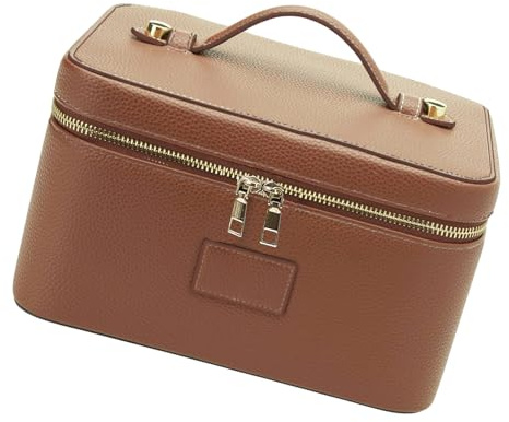 Shurhome Borsa da toilette portatile per make up Dermocare, in pelle PU, divisorio rimovibile, facile da pulire, dimensioni compatte, viaggi di lavoro, partner, pianificatore di viaggio, marrone