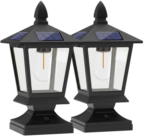 Wilafury 2 luces solares para postes, lámpara de poste para jardín al aire libre, camino de bolardo con linterna LED fotosensible para decoración de jardín, Patio, negro