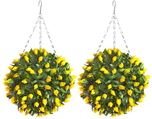 Pair of Best Artificial TULIP Flower Balls Lush Long Leaf Topiary Grass (28cm, Yellow)