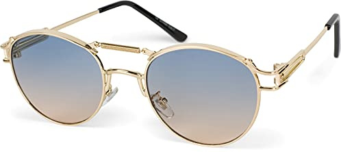 styleBREAKER Gafas de sol Panto para damas con lentes planas ovaladas y patillas de metal, plumas, almohadilla nasal de silicona 09020117, color:Montura dorado/vidrio gris-beige degradado