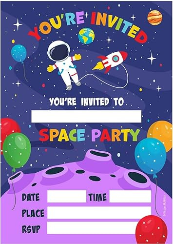 Kirsten McMillan 32 Space Birthday Party Invitations for Kids with Envelopes - Pack of 32 Space Party Invites for Girls & Boys - Designed and Printed in the UK