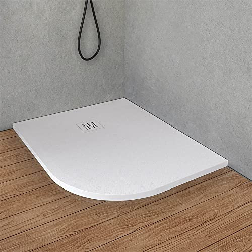 Inbagno Piatto Doccia semicircolare Sinistro 80x100 in Resina Bianco Effetto Pietra, Ultra Slim e Antibatterico, riducibile su Misura, griglia di Scarico Reversibile, Loren