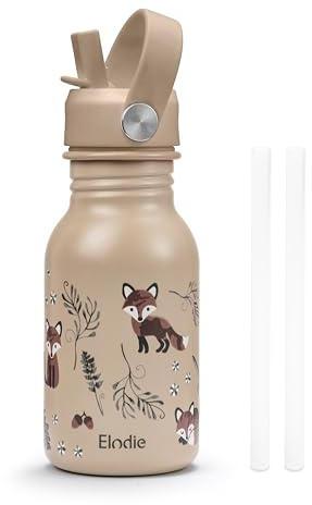 Elodie Details Trinkflasche Kinder Edelstahl mit Strohhalm | Sport BPA frei | auslaufsicher | Wasserflasche für Schule, Kindergarten | für Kleinkinder Jungen und Mädchen | 350ml | Nordic Woodland