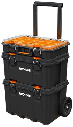 WORX Système de stockage modulaire, noir, inclus : Chariot roues 7 pouces, malette, organiseur avec joint étanche, Garantie 5 ans, dimensions : 41,1x52,5x69,4 cm